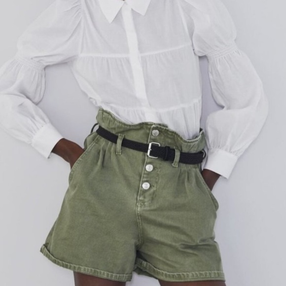 Zara High Waist Paper Bag Belted Buttoned Western Boho Jean Shorts Size XS - Picture 2 of 10